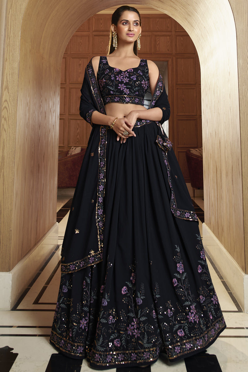 Navy Blue Color Georgette Fabric Embroidery Work Wedding Wear Lehenga Choli