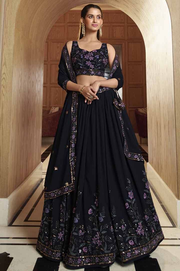 Navy Blue Color Georgette Fabric Embroidery Work Wedding Wear Lehenga Choli