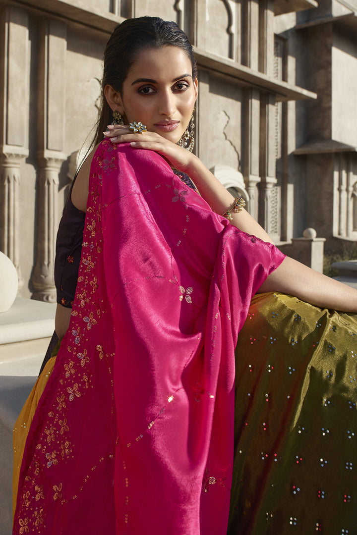 Blush Embroidery Work Mustard And Olive Color Sangeet Wear Lehenga Choli With Silk Fabric