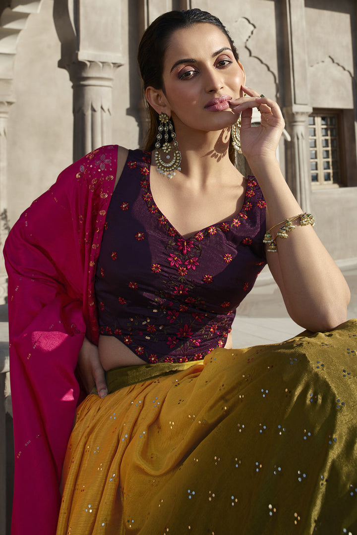 Blush Embroidery Work Mustard And Olive Color Sangeet Wear Lehenga Choli With Silk Fabric