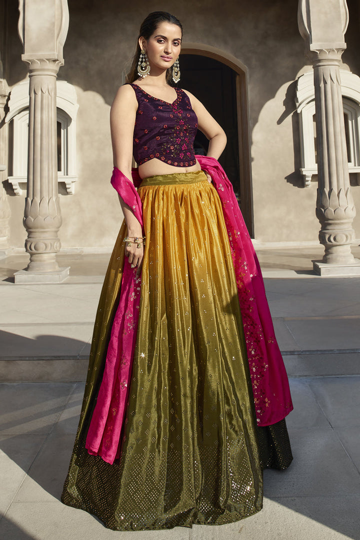 Blush Embroidery Work Mustard And Olive Color Sangeet Wear Lehenga Choli With Silk Fabric