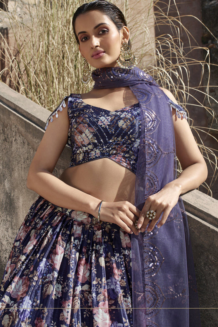 Midnight Blue Color Silk Fabric Wedding Wear Lehenga Choli With Printed Work