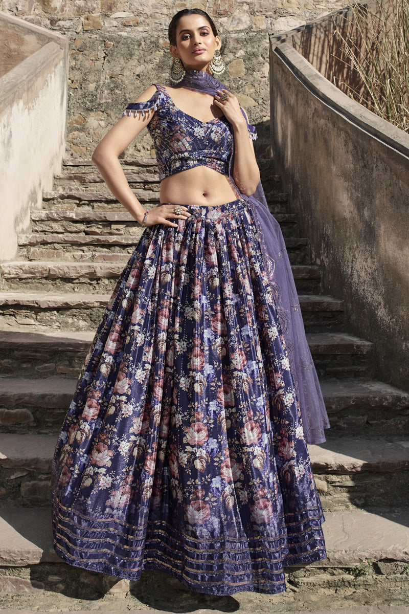 Midnight Blue Color Silk Fabric Wedding Wear Lehenga Choli With Printed Work