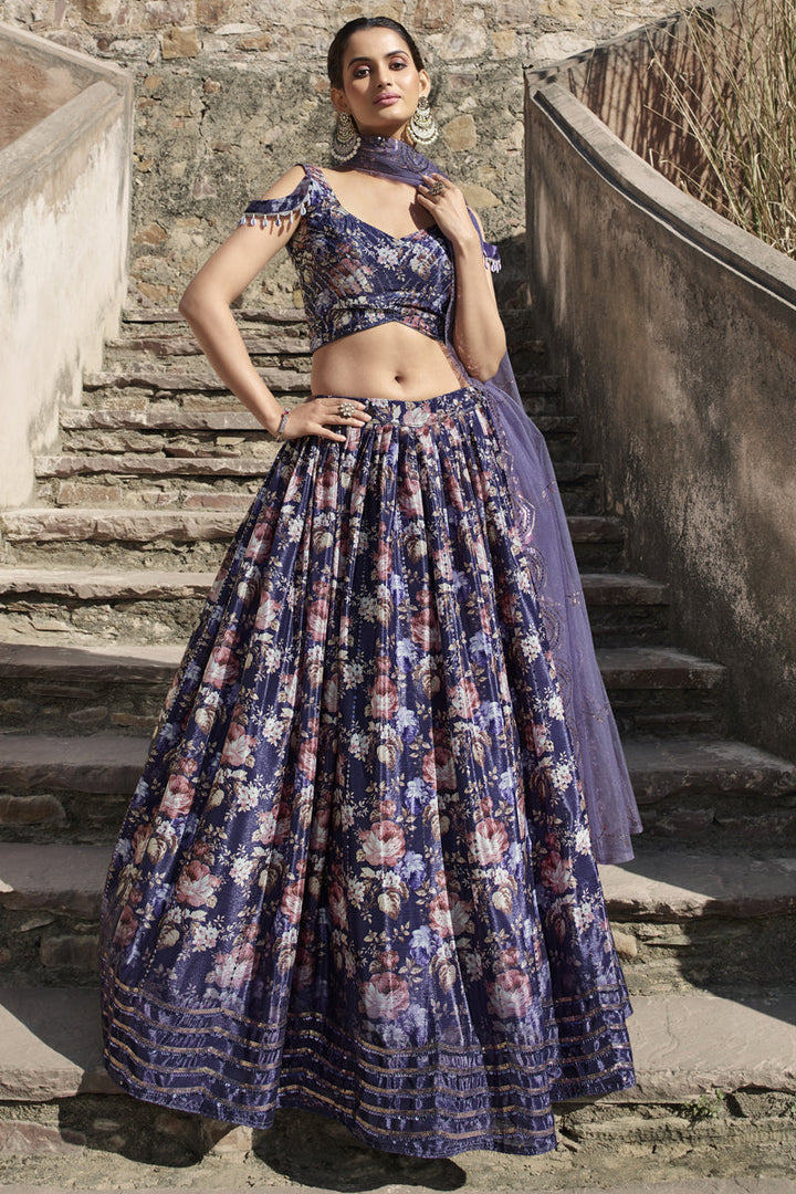 Midnight Blue Color Silk Fabric Wedding Wear Lehenga Choli With Printed Work