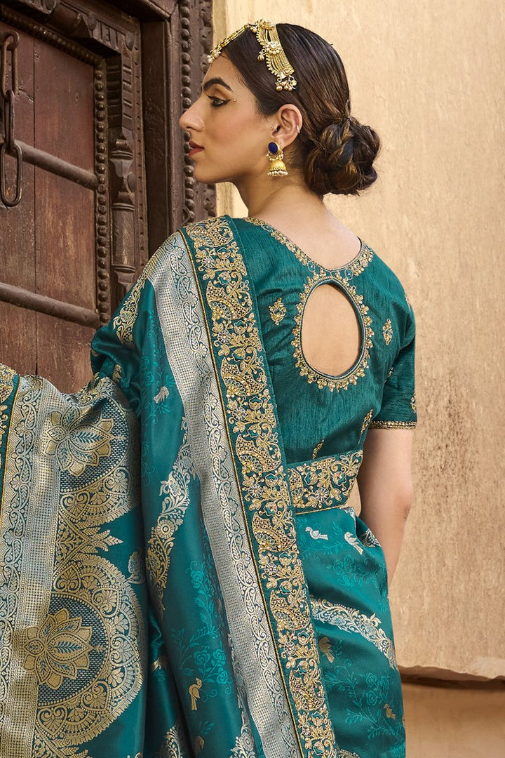 Teal Color Art Silk Fabric Weaving Work Function Wear Fancy Saree