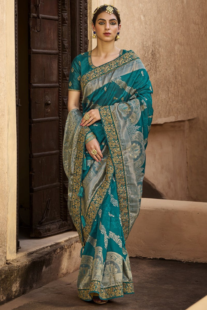 Teal Color Art Silk Fabric Weaving Work Function Wear Fancy Saree