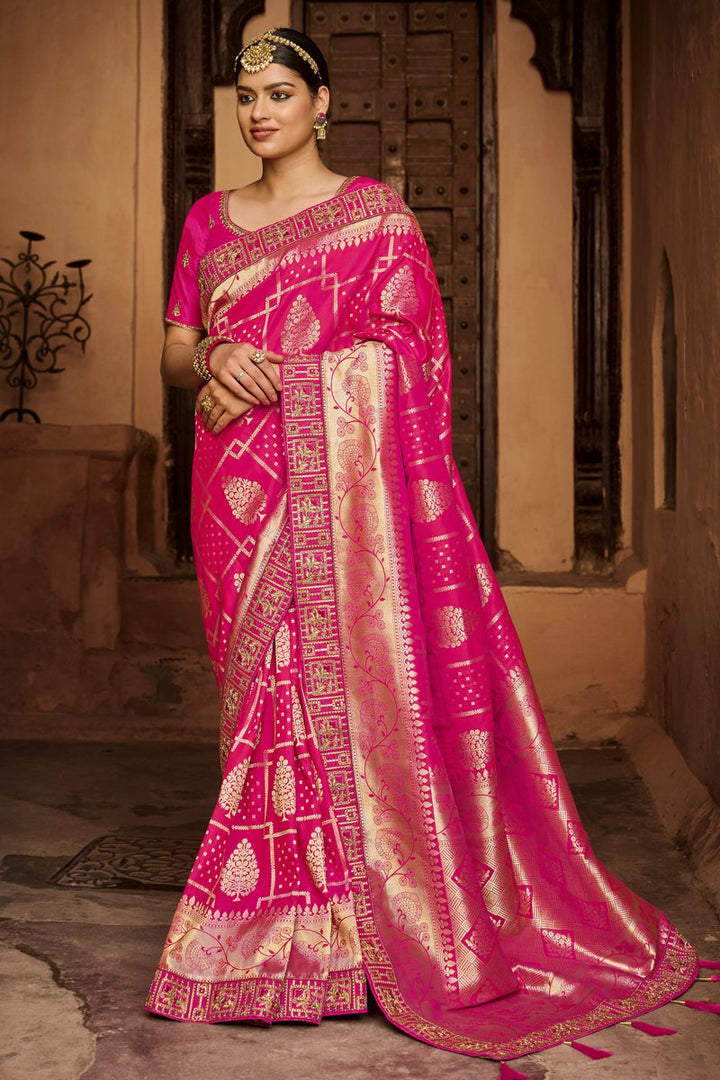 Art Silk Fabric Festive Wear Rani Color Weaving Work Designer Saree