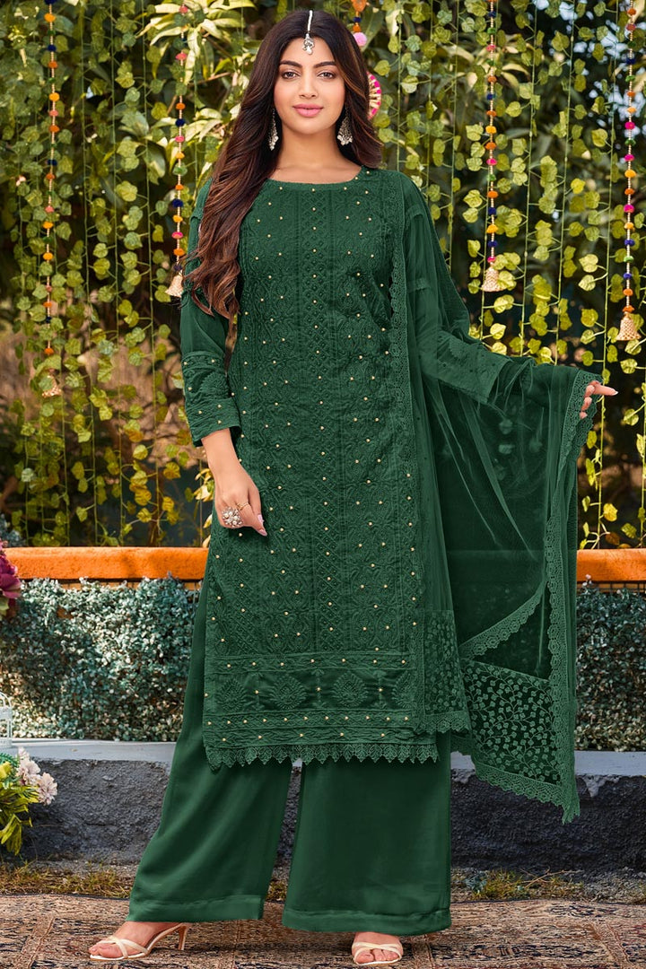 Akanksha Puri Radiant Dark Green Color Georgette Fabric Palazzo Suit