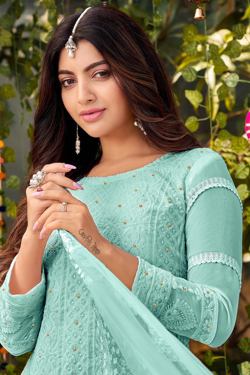 Akanksha Puri Georgette Fabric Light Cyan Color Excellent Palazzo Suit