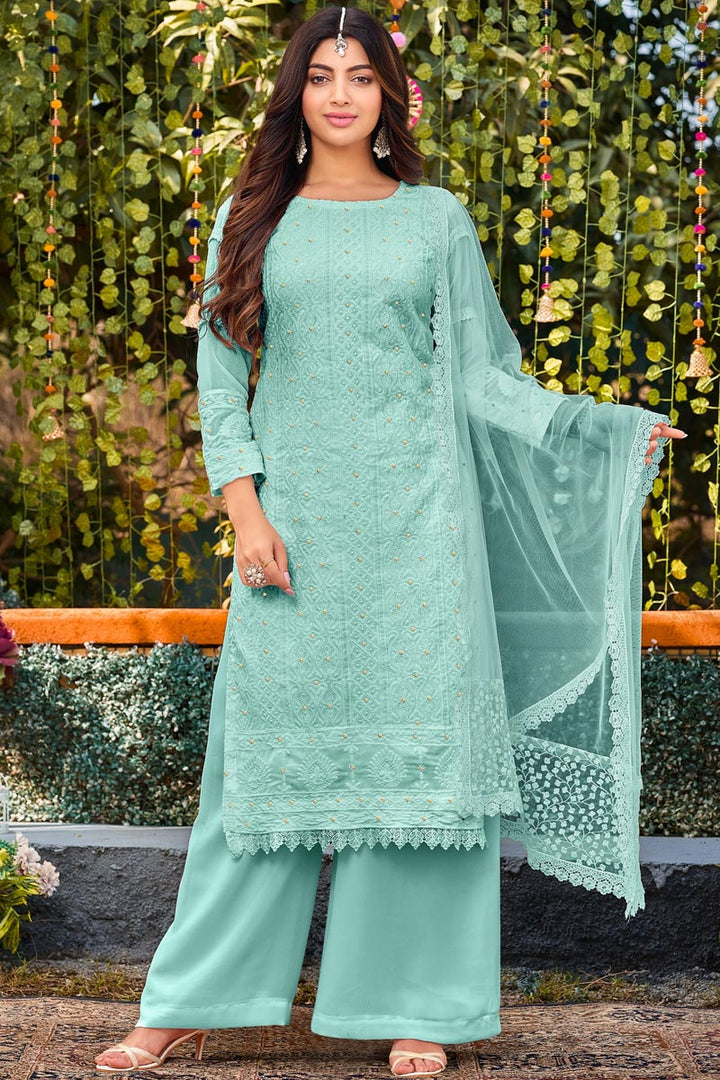 Akanksha Puri Georgette Fabric Light Cyan Color Excellent Palazzo Suit