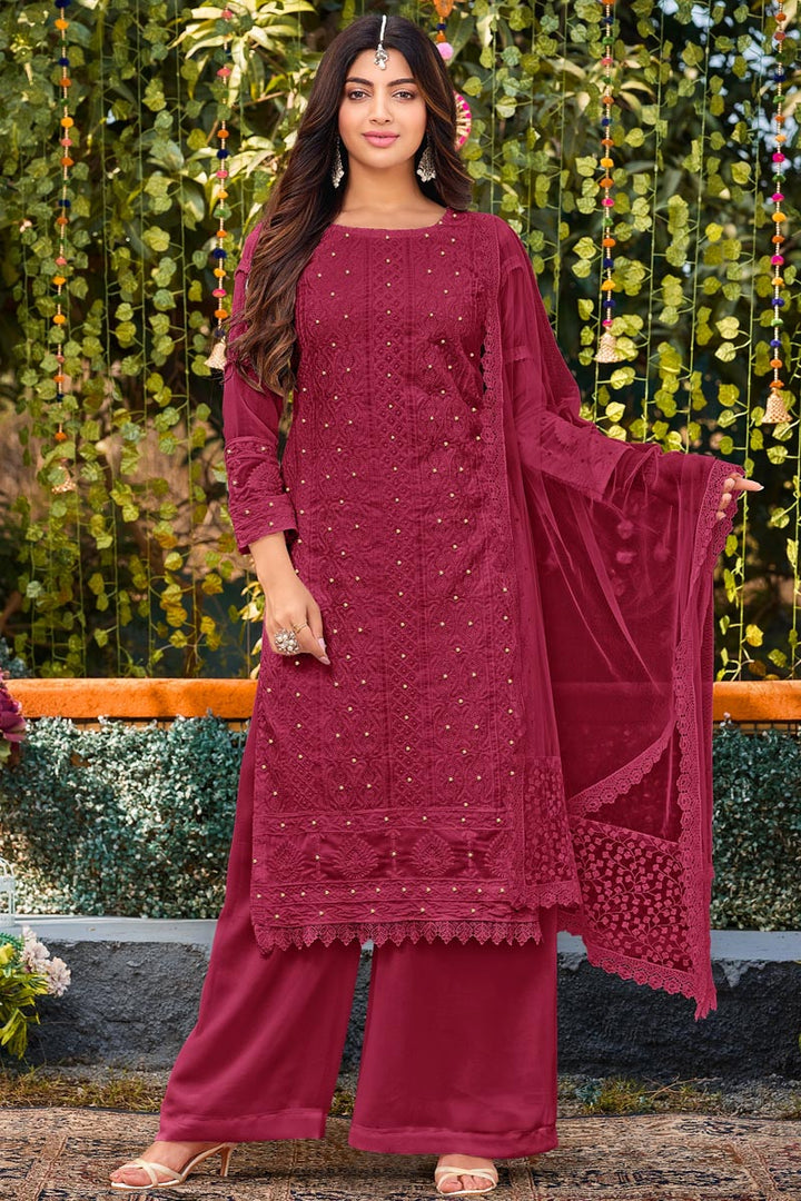 Akanksha Puri Burgundy Color Glittering Georgette Fabric Palazzo Suit