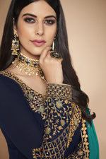 Load image into Gallery viewer, Designer Georgette Party Style Embroidered Navy Blue Straight Cut Suit
