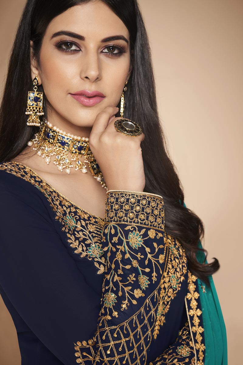 Designer Georgette Party Style Embroidered Navy Blue Straight Cut Suit
