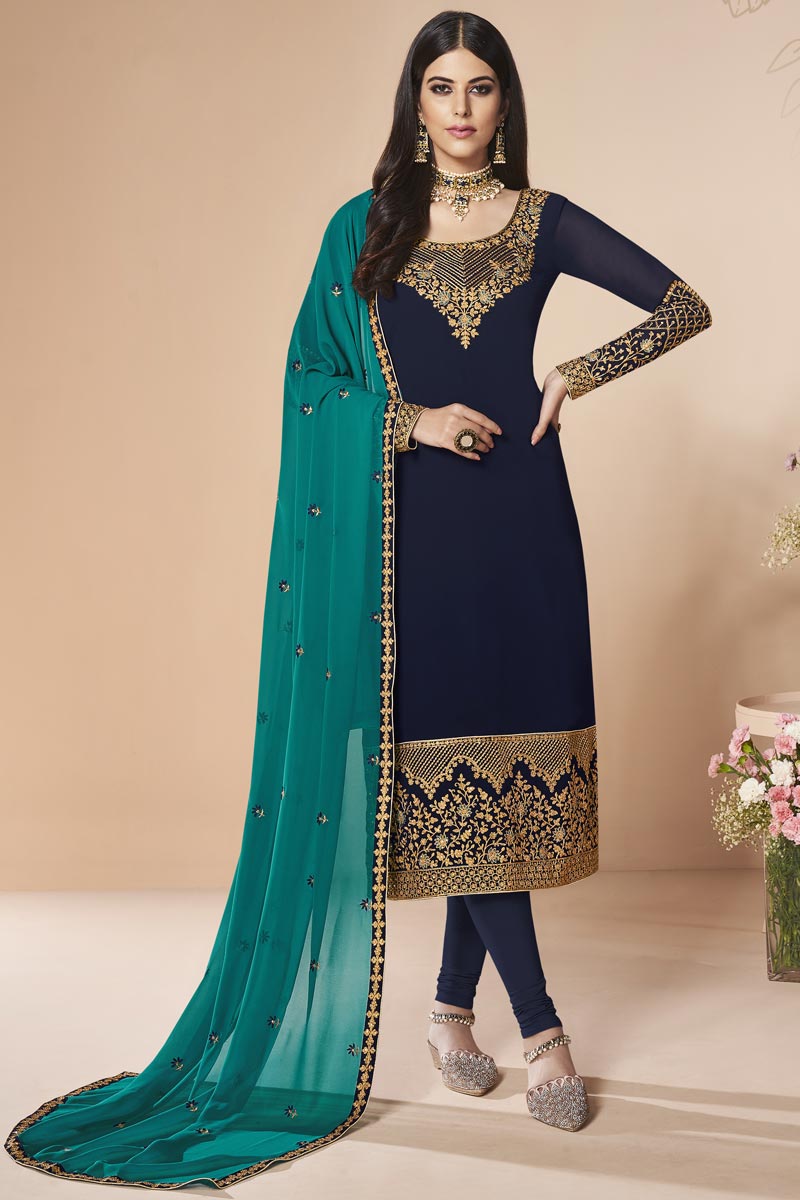 Designer Georgette Party Style Embroidered Navy Blue Straight Cut Suit