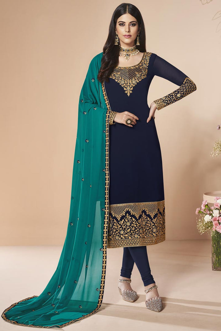 Designer Georgette Party Style Embroidered Navy Blue Straight Cut Suit