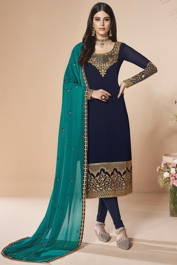 Designer Georgette Party Style Embroidered Navy Blue Straight Cut Suit