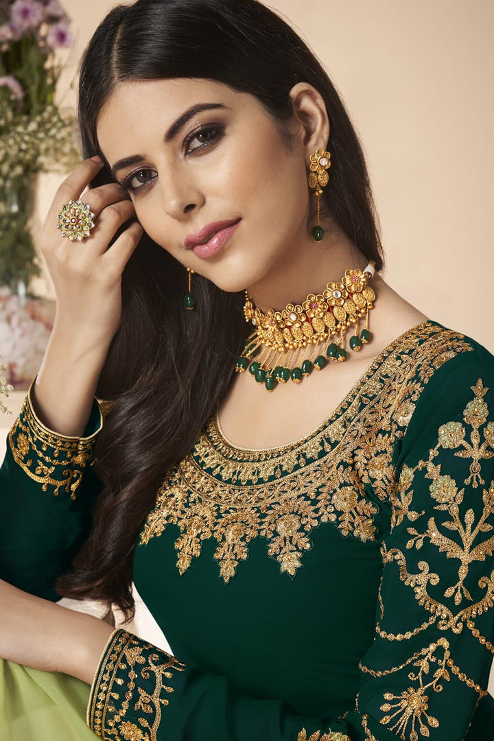 Designer Georgette Party Style Dark Green Embroidered Straight Cut Suit
