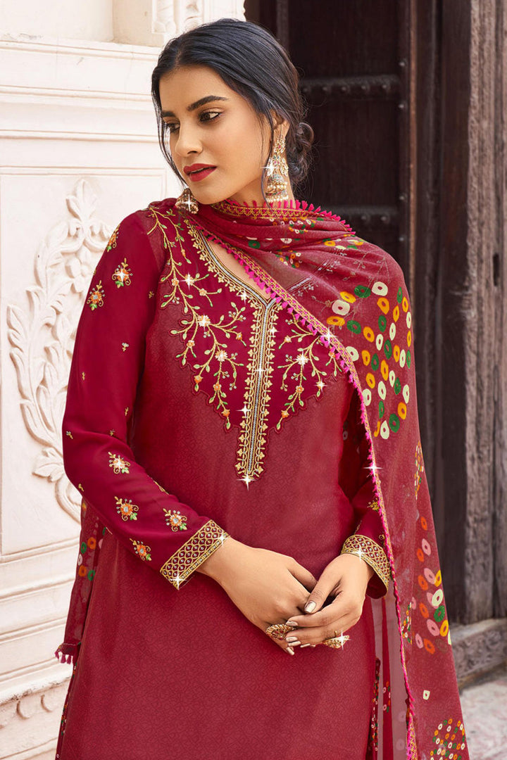Red Color Glittering Crepe Fabric Festival Style Patiala Suit