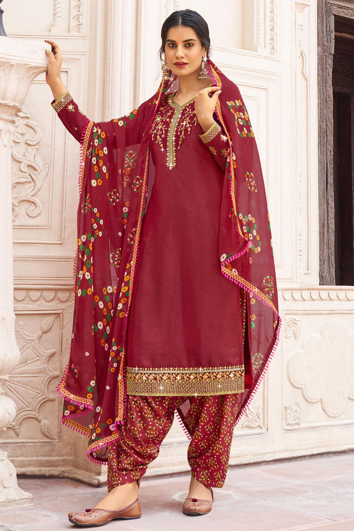 Red Color Glittering Crepe Fabric Festival Style Patiala Suit