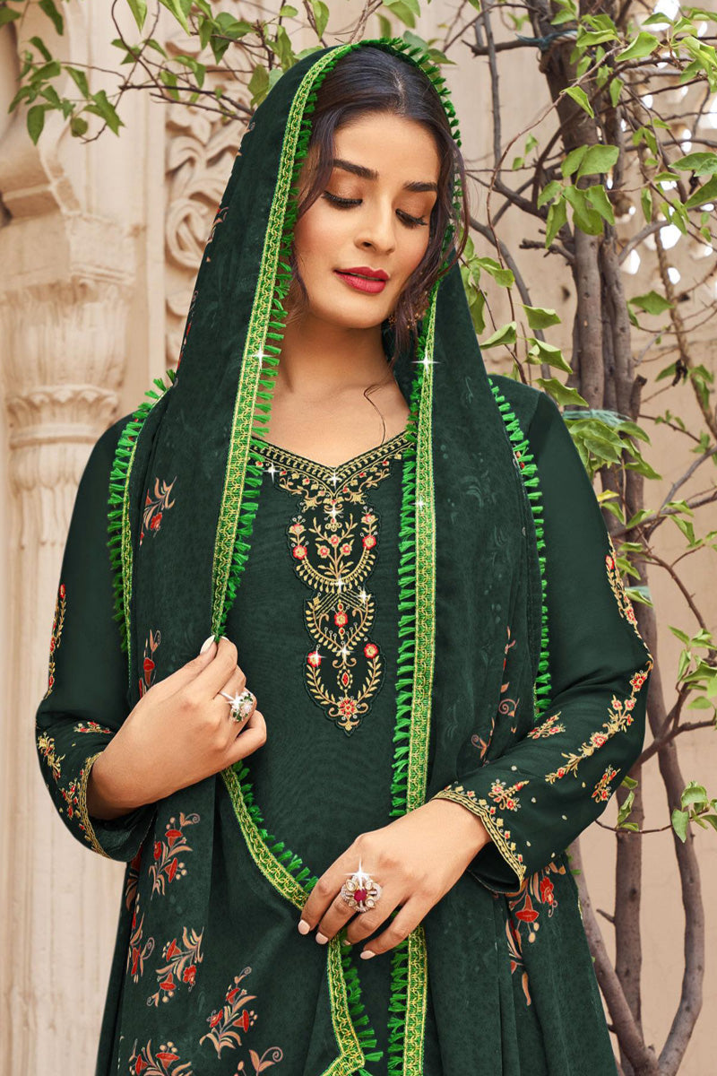 Fascinating Dark Green Color Crepe Fabric Festival Style Patiala Suit
