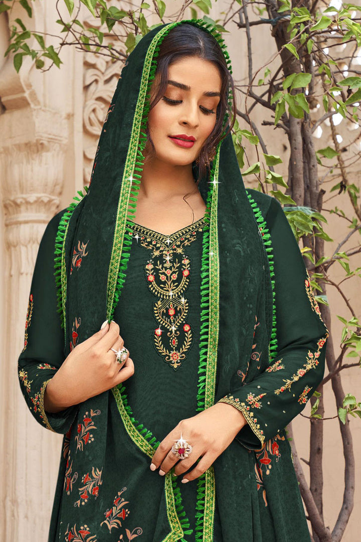 Fascinating Dark Green Color Crepe Fabric Festival Style Patiala Suit