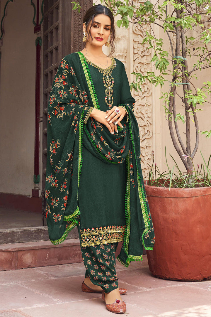 Fascinating Dark Green Color Crepe Fabric Festival Style Patiala Suit