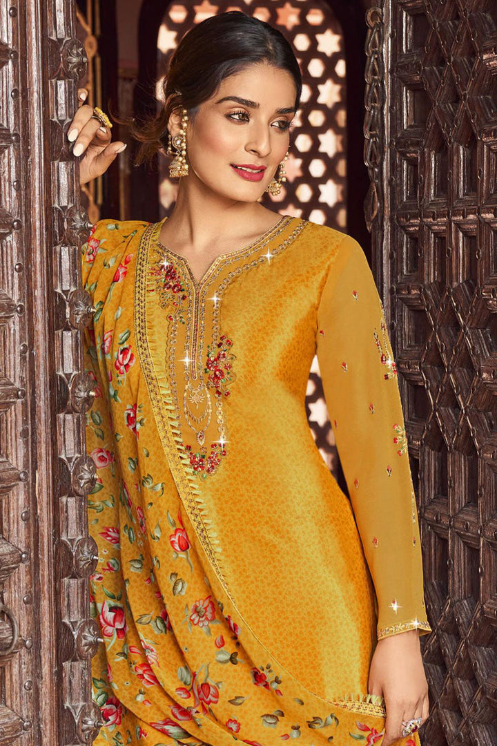 Dazzling Crepe Fabric Yellow Color Festival Style Patiala Suit
