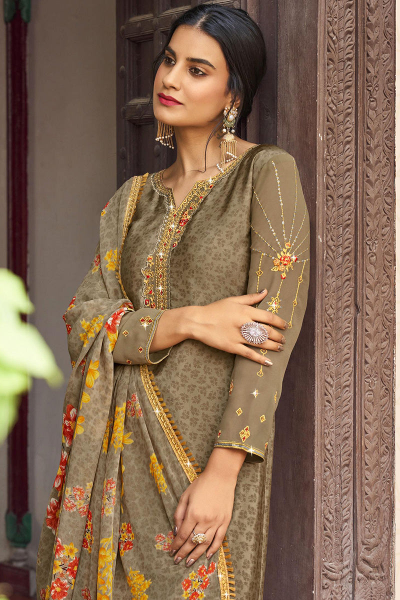 Crepe Fabric Beige Color Excellent Festival Style Patiala Suit