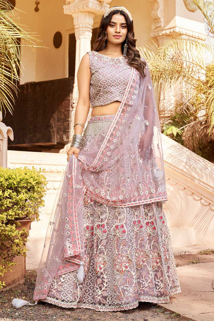 Pink Color Net Fabric Sangeet Wear Imposing Lehenga