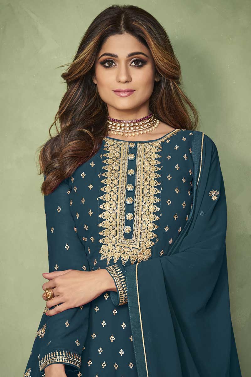Trendy Textured Function Wear Teal Color Georgette Fabric Anarkali Suit Featuring Shamita Shetty