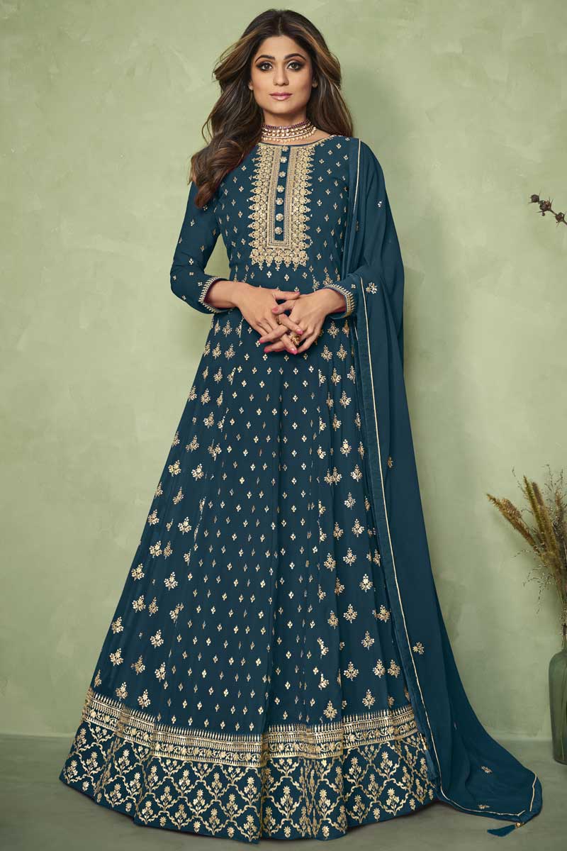 Trendy Textured Function Wear Teal Color Georgette Fabric Anarkali Suit Featuring Shamita Shetty