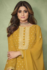 Load image into Gallery viewer, Georgette Fabric Function Wear Embroidered Work Fantastic Anarkali Suit Featuring Shamita Shetty In Yellow Color
