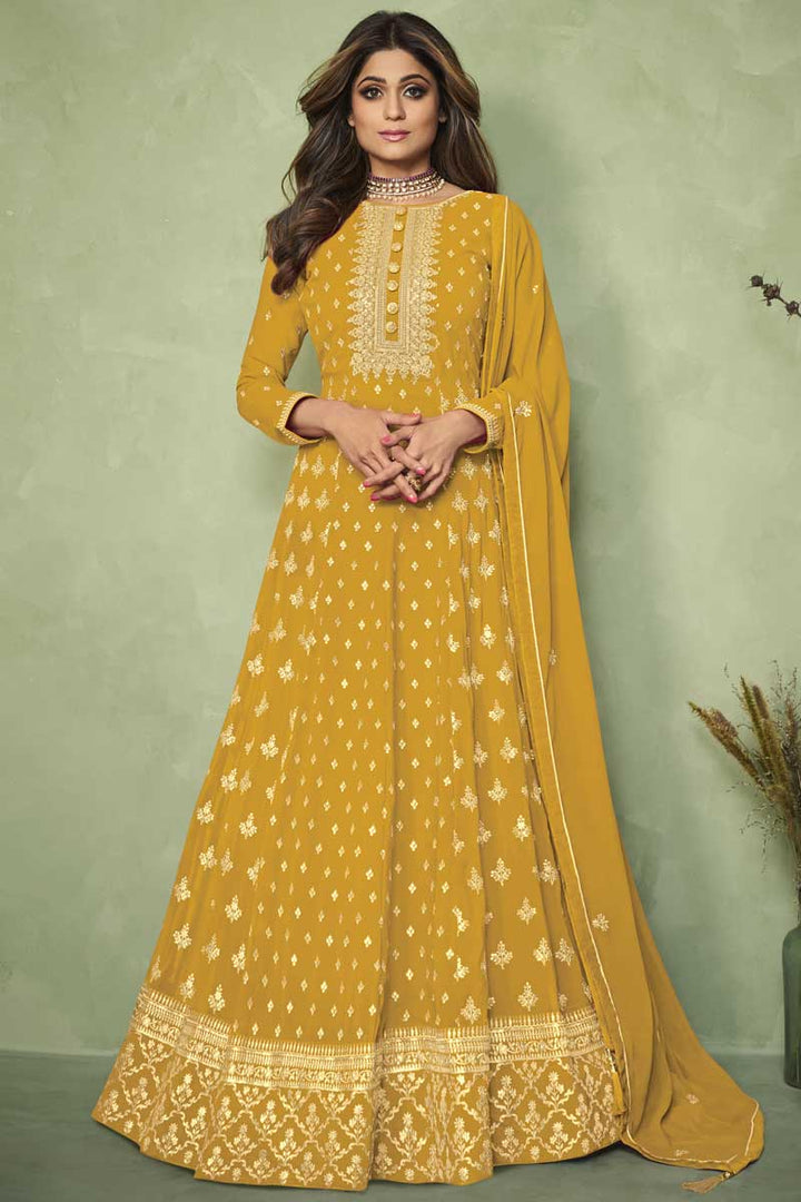 Georgette Fabric Function Wear Embroidered Work Fantastic Anarkali Suit Featuring Shamita Shetty In Yellow Color