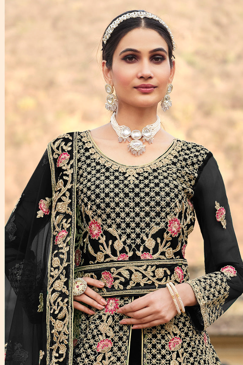 Black Embroidered Work Butterfly Net Anarkali Suit
