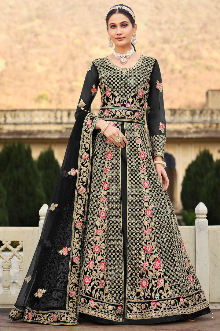 Black Embroidered Work Butterfly Net Anarkali Suit