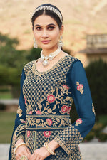 Load image into Gallery viewer, Dusty Blue Butterfly Net Embroidered Work Anarkali Suit
