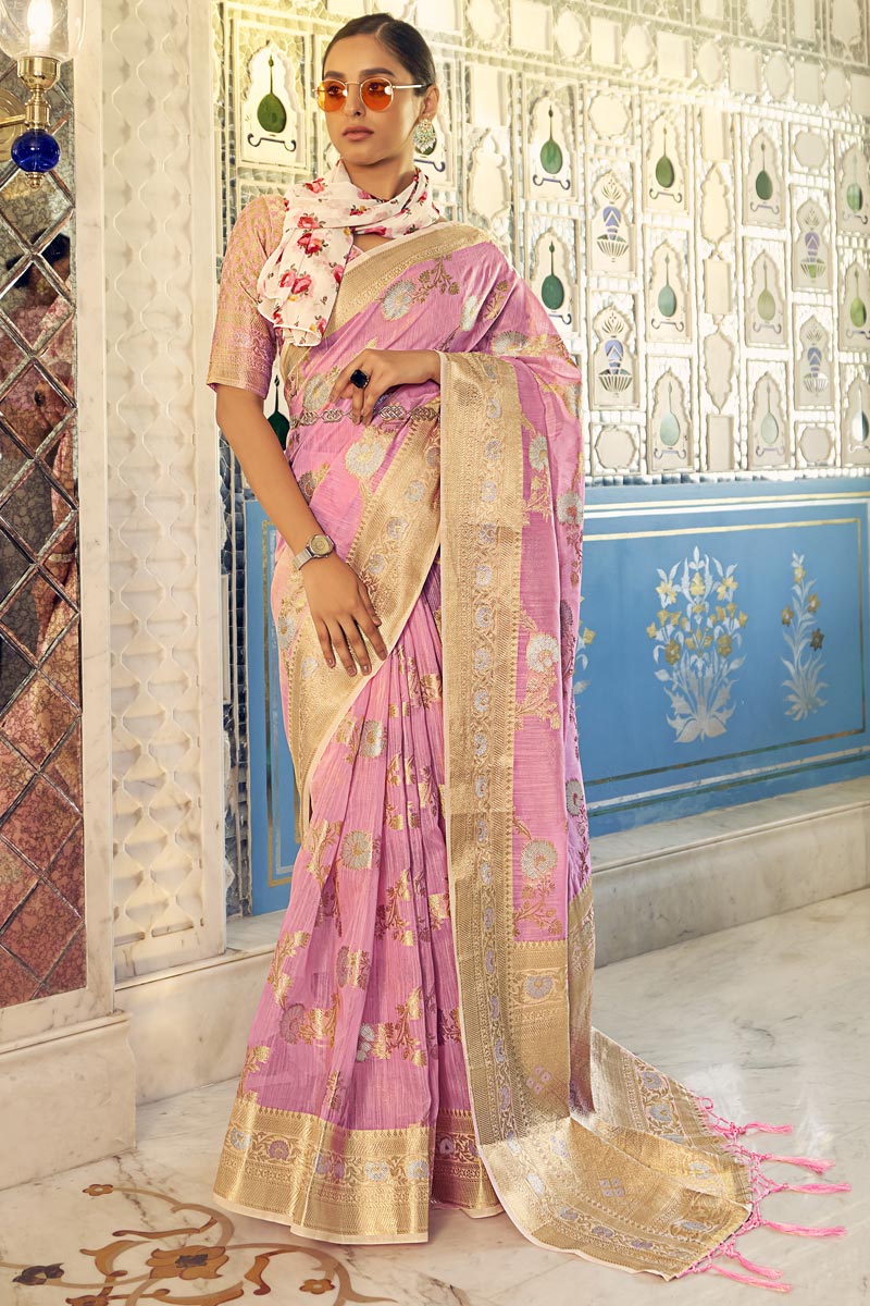 Linen Fabric Festival Wear Pink Color Phenomenal Saree
