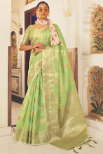 Load image into Gallery viewer, Green Color Festival Wear Linen Fabric Lovely Saree
