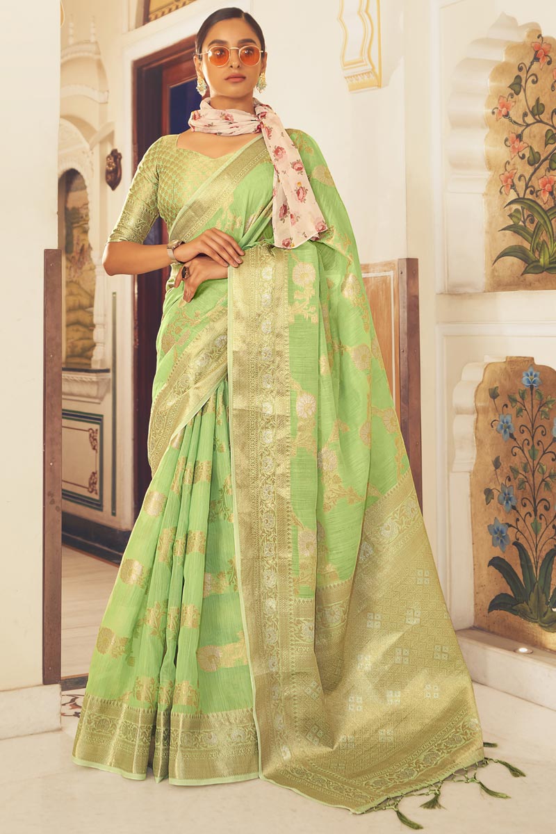 Green Color Festival Wear Linen Fabric Lovely Saree
