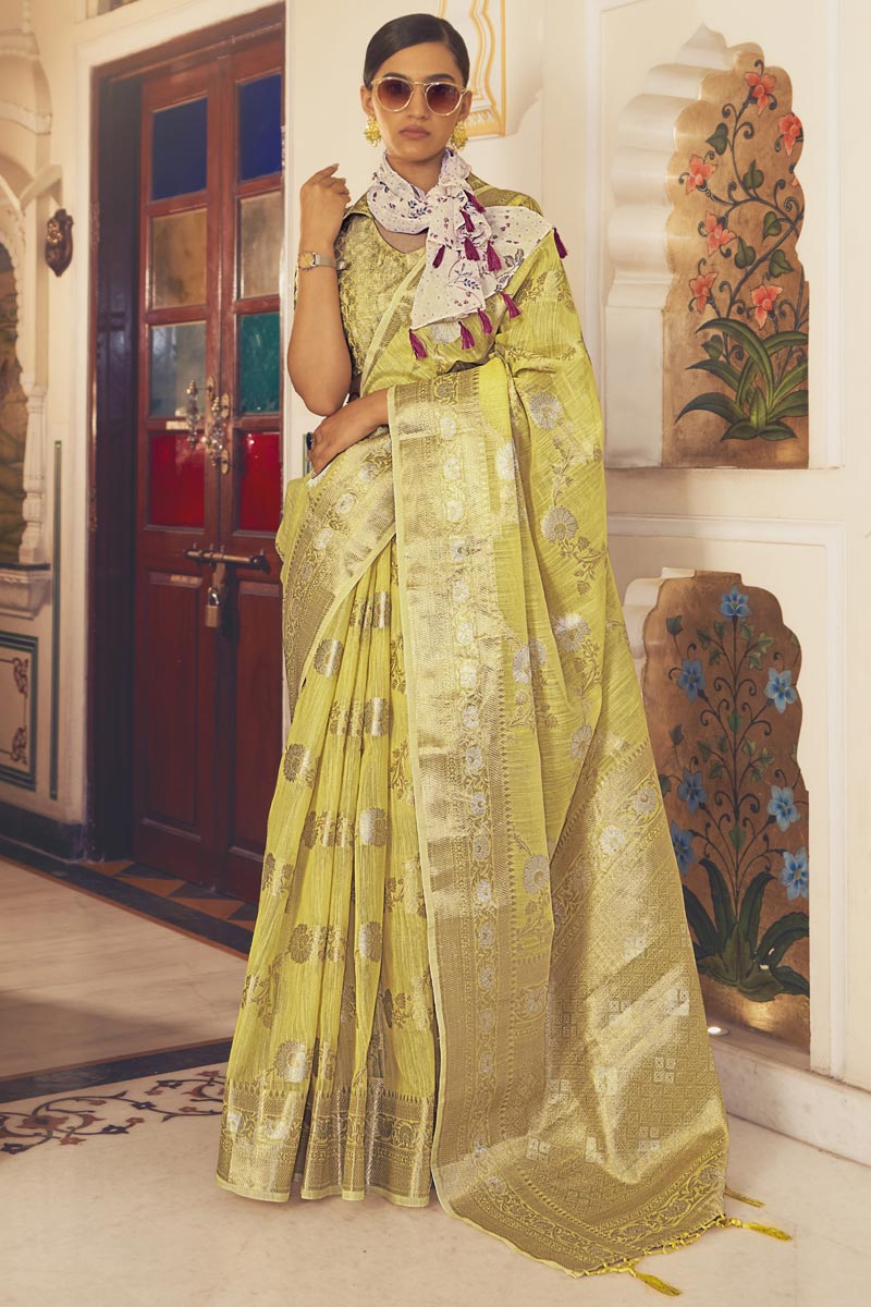 Yellow Color Festival Wear Linen Fabric Charismatic Saree
