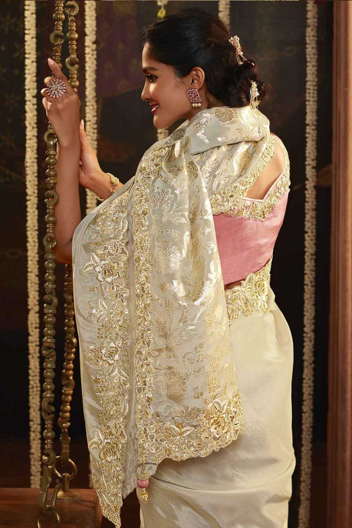 Art Silk Fabric Function Wear Brilliant Embroidered Saree In Cream Color