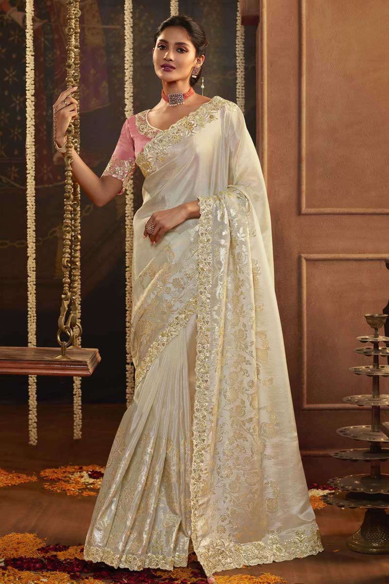 Art Silk Fabric Function Wear Brilliant Embroidered Saree In Cream Color