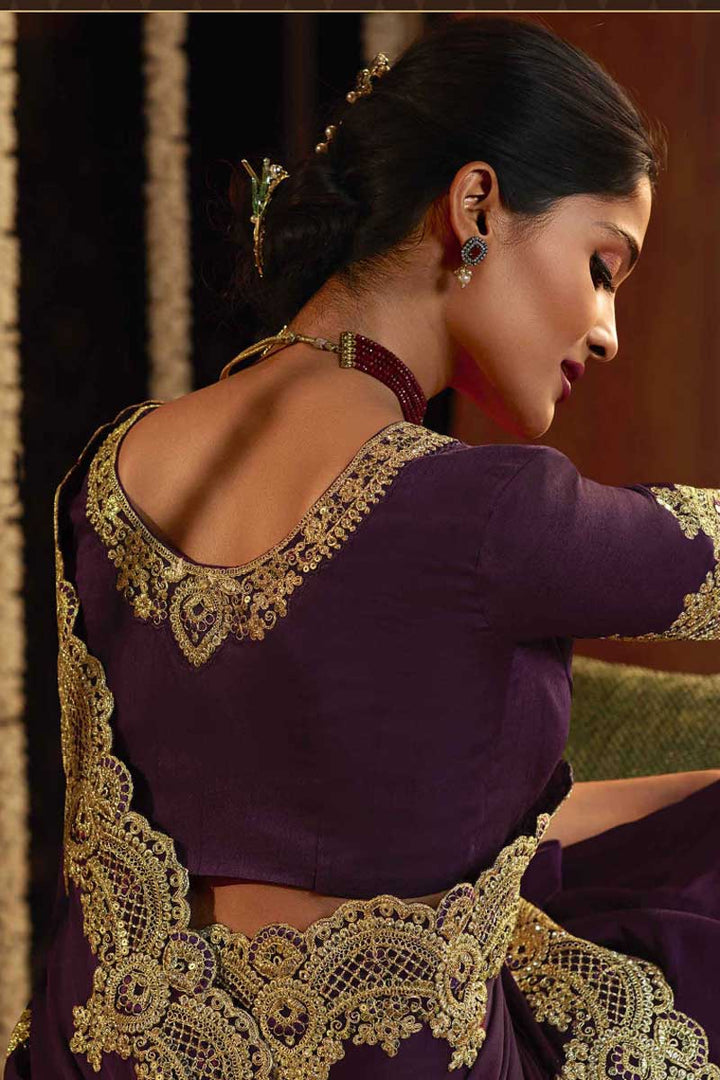 Function Wear Art Silk Fabric Purple Color Soothing Embroidered Saree