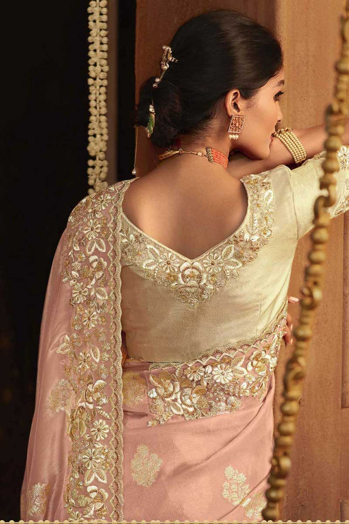 Art Silk Fabric Function Wear Wonderful Embroidered Saree In Peach Color