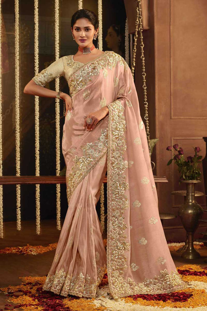 Art Silk Fabric Function Wear Wonderful Embroidered Saree In Peach Color