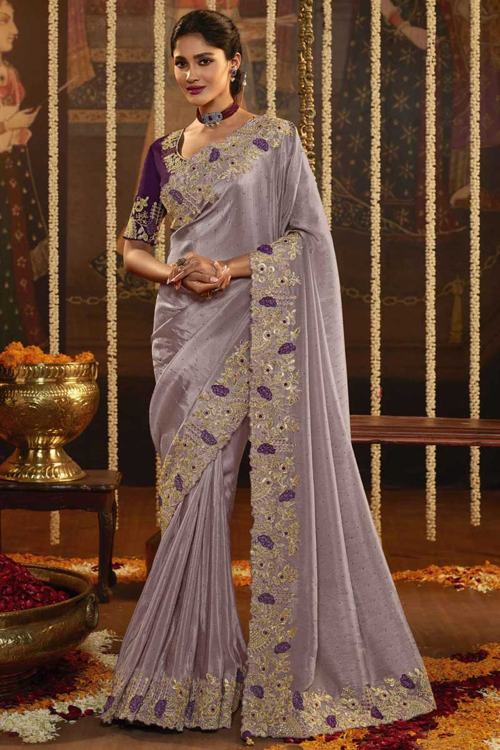 Art Silk Fabric Function Wear Lavender Color Fantastic Embroidered Saree
