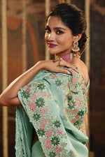 Load image into Gallery viewer, Light Cyan Color Function Wear Art Silk Fabric Awesome Embroidered Saree
