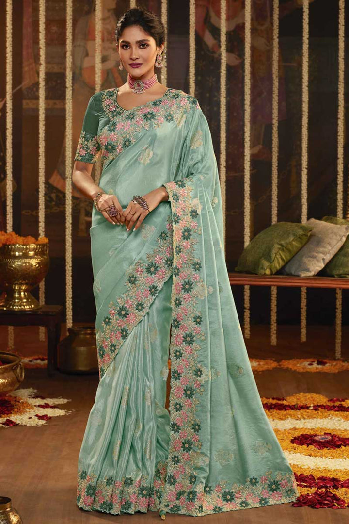 Light Cyan Color Function Wear Art Silk Fabric Awesome Embroidered Saree
