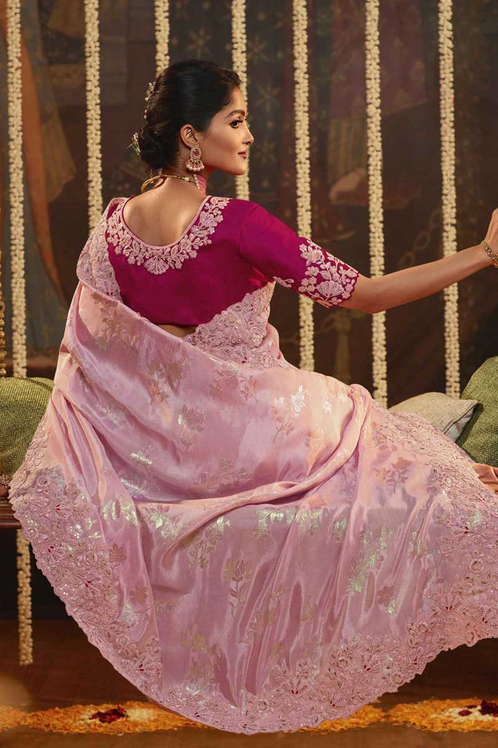Art Silk Fabric Function Wear Stunning Embroidered Saree In Pink Color