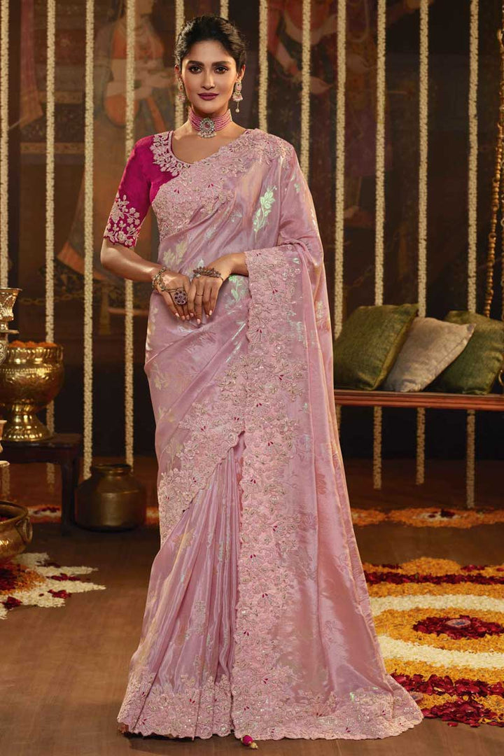 Art Silk Fabric Function Wear Stunning Embroidered Saree In Pink Color